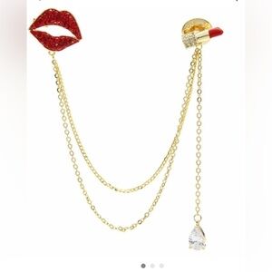 Red Lips and Lipstick Gold Chain Brooch